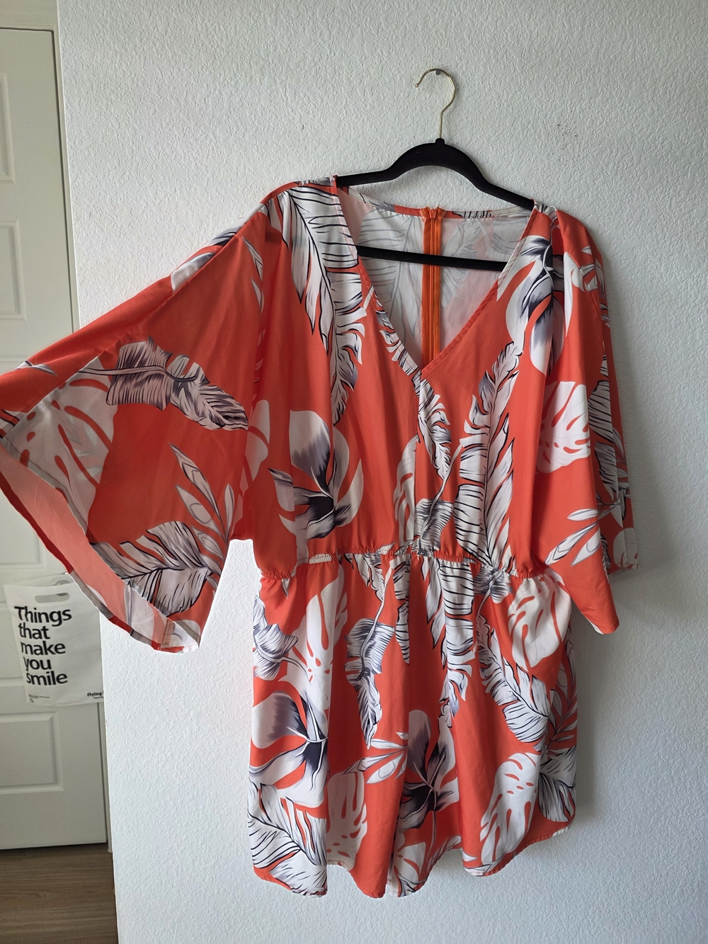 Coral Tropical Print V-Neck Romper